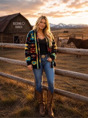 Rock & Roll Cowgirl Southwestern Aztec Cardigan Sweater Sz L Western Boho